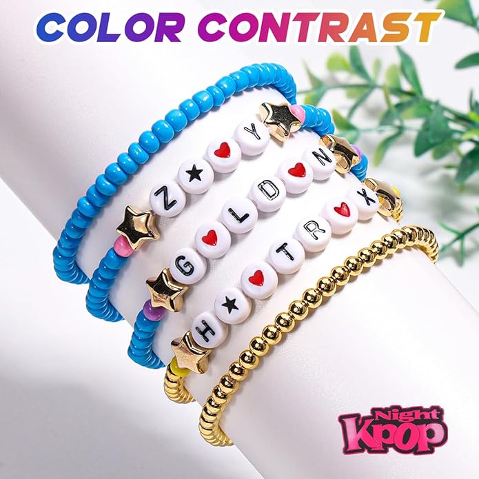 AICase for Korea-Pop Merch Gifts Toys Golden Inspired Bracelets 5 Pcs Stackable Stretch Flower Beaded Bracelets Costume Outfit Merchandise Jewelry Gifts for Fans Christmas Stocking_3110