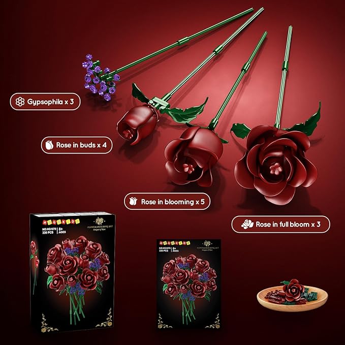 HOGOKIDS Flowers Bouquet Building Set - 15 Burgundy Roses Valentine's Day Gfit for Her, 330PCS Deep Red Rose Botanical Collection Building Blocks Artificial Flower Home Office Decor for Adults Kids 8+
