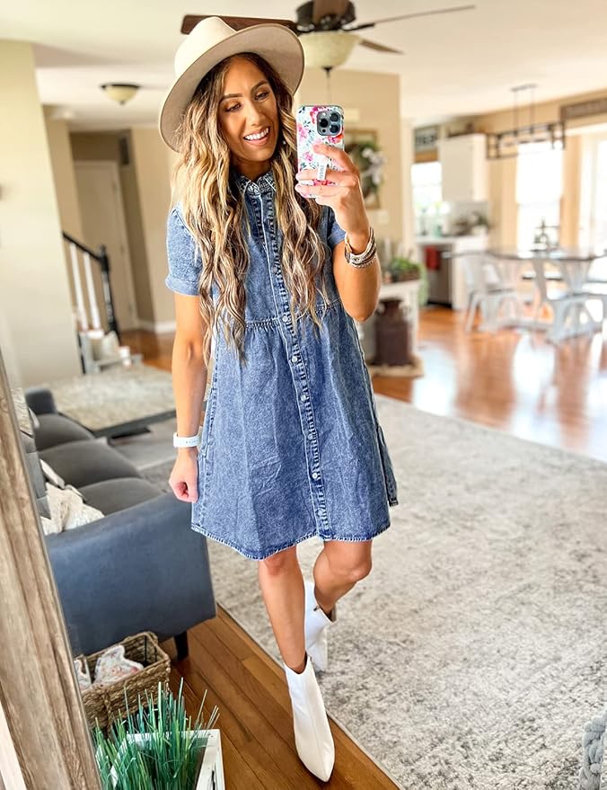 LookbookStore Women's Short Sleeve Button Down Flowy Tiered Babydoll Denim Dress