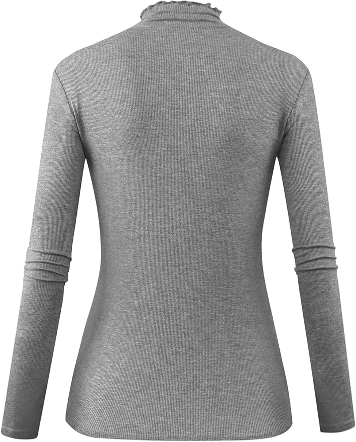 POPZONE Women's Lettuce Trim Mock Neck Long Sleeve Slim Fit Ribbed Knit Tee Shirt Tops