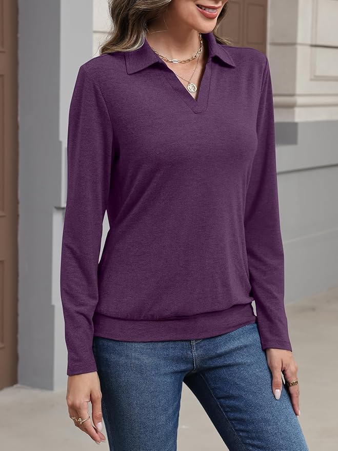 Womens Polo Shirts Long Sleeve Banded Bottom Tops Business Casual Tops Collared V Neck Blouses