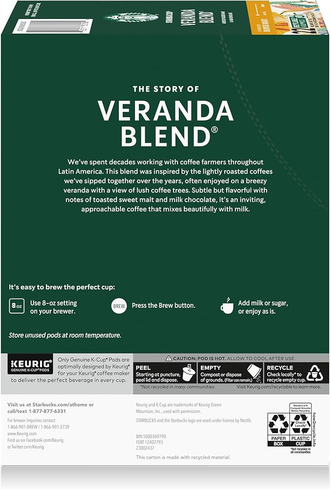 Starbucks K-Cup Coffee Pods, Starbucks Blonde Roast Hot or Iced Coffee, Veranda Blend, 22 Keurig Pods