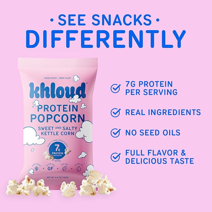 Khloud Protein Popcorn - Sweet & Salty Kettle Corn - 7g Protein Snacks for Adults & Kids - Flavored Popcorn Made with Real Ingredients & Milk Protein Isolate - Non-GMO, Gluten-Free, Kosher - 5oz, 12pk