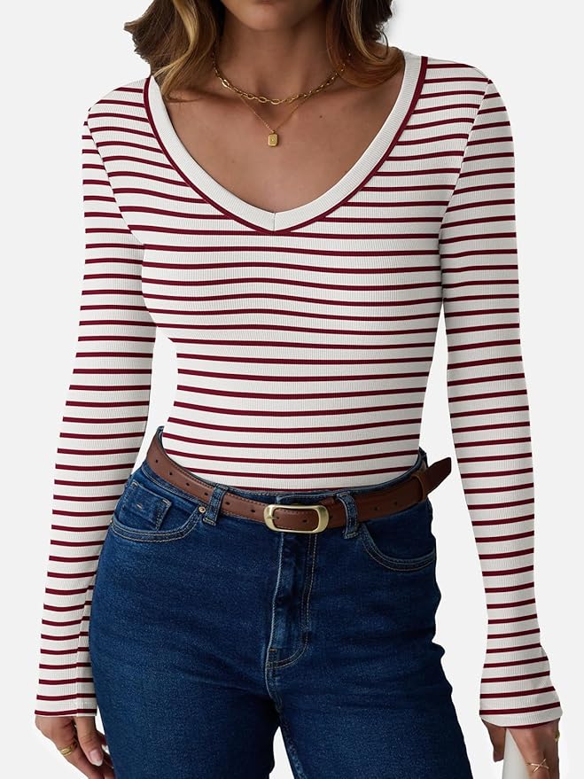 Womens 3/4 Sleeve Scoop Neck Top Ribbed Knit Slim Fitted Casual Basic Tee Shirts 2025 Fall Trendy Work T-Shirt Outfits