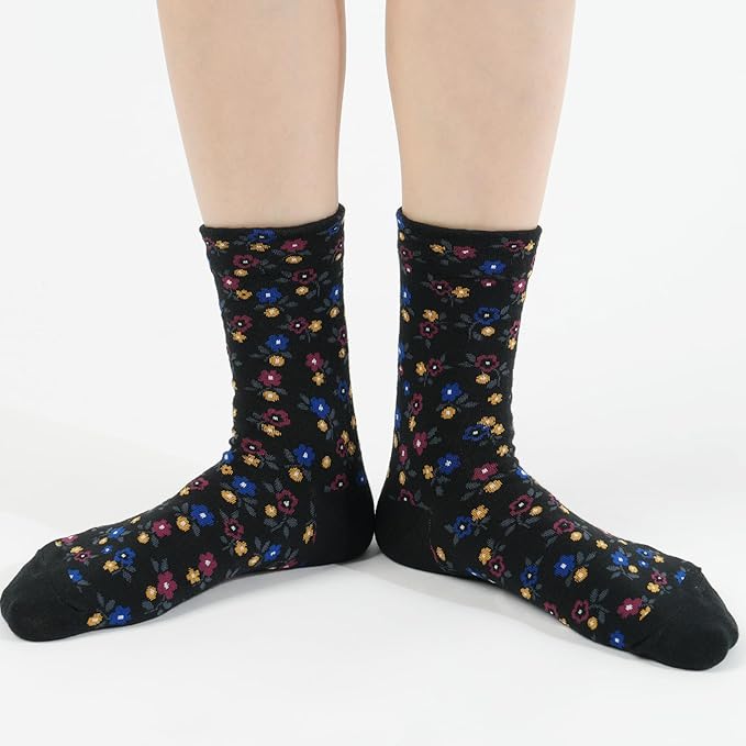 Kikiya Women's Cotton Crew Socks - Cute Flower Graphic Polka Dot Striped Heart Patterned - Ladies Girls Casual Socks Size 6-8