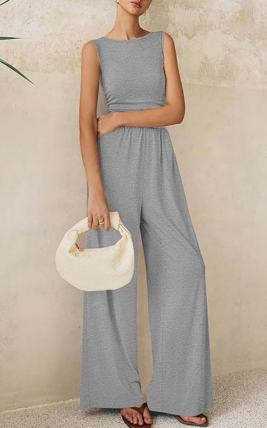 PRETTYGARDEN One Piece Jumpsuits for Women Dressy Casual Sleeveless Crewneck Wide Leg Rompers Jumpers Vacation Summer Outfits