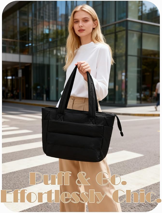 Puffer Tote Bag for Women, Lightweight Laptop Bag with Zipper Quilted Shoulder Bag for Work, Travel, Gym