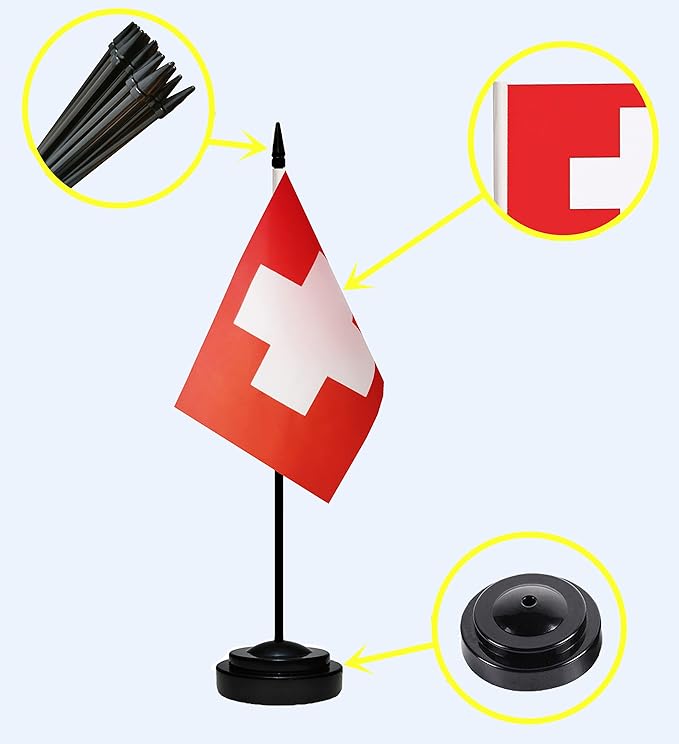 Switzerland Swiss Deluxe Desk Flag Set Small Mini Miniature Switzerland Swiss Table Desktop Flags With Solid Pole, Black Base and Spear Top(2 Pack)