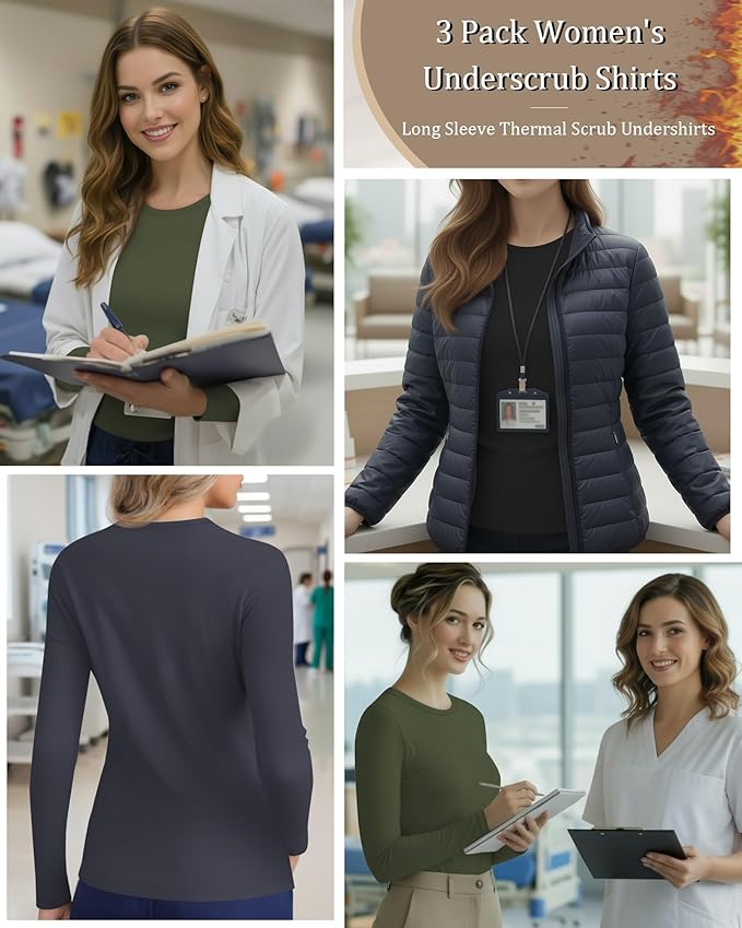 3 Pack Women's Underscrub Shirts Long Sleeve Thermal Scrub Undershirts Nurse Crew Neck Slim Fit Fleece Top Basic Tee
