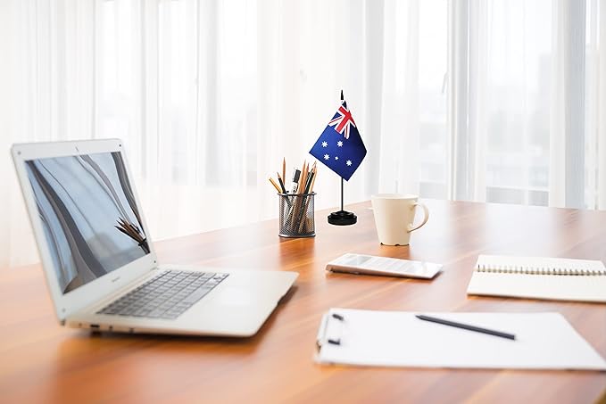 USA American & Australia Australian Desk Flags, US Australia Table Flag, Small Mini American & Australian Twin Table Office Flag, Miniature Australian and US Desktop Flag With 13" Solid Black Pole, Black Base
