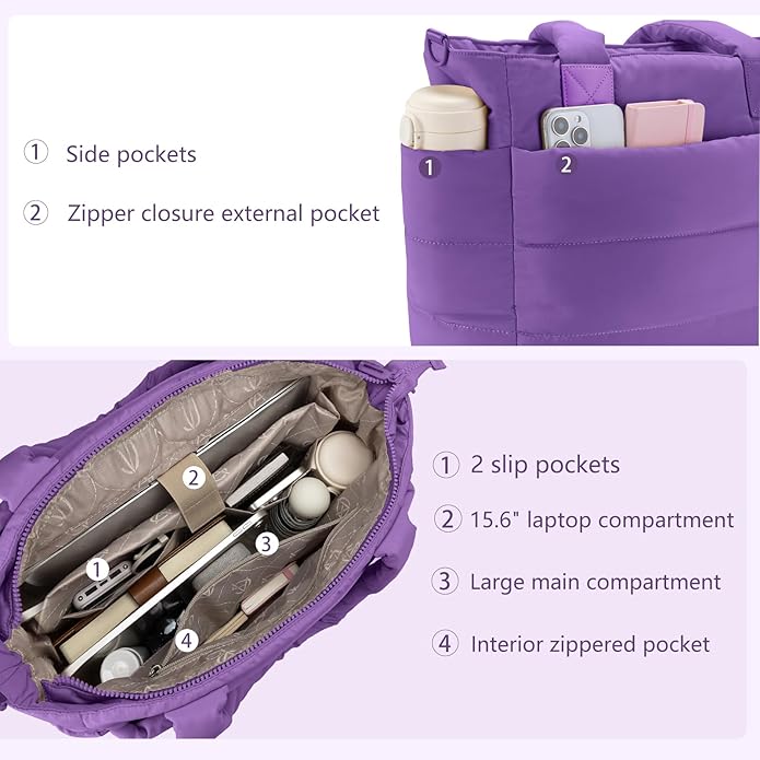 Tote Bag for Women Puffer Tote Bag Large Nurse Bags Shoulder Handbag with Zipper for Work Travel