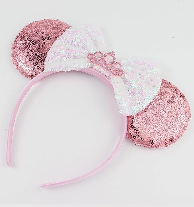 LIHELEI Mouse Ears Headband for Princess, Pink Minnie Ears for Women Halloween Costume, Sequin Bows Headwear Hair Accessories for Women - Pink