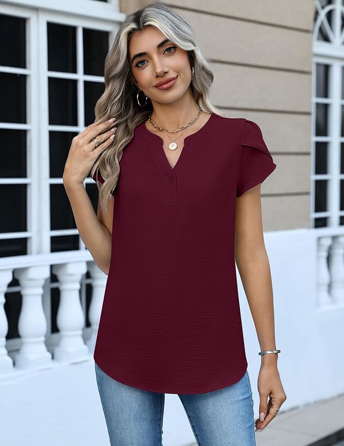 Zeagoo Womens Tops Dressy Casual Textured Blouses Cap Short Sleeve Shirts V Neck Button Up Summer Spring Work Tshirt Clothes