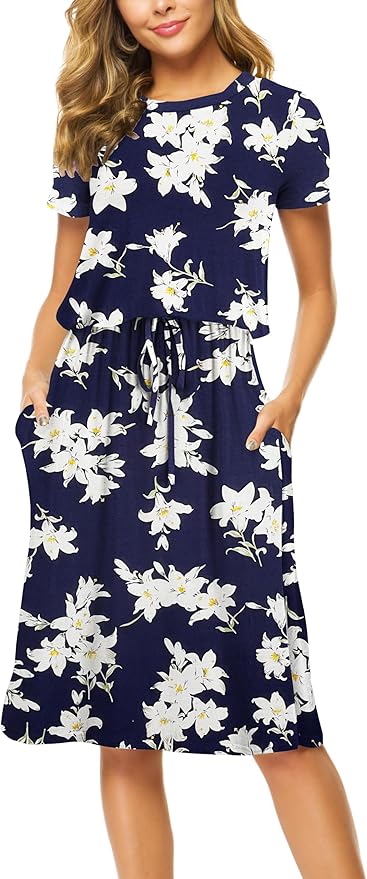 Simier Fariry Womens Spring Hide Belly Knee Length Travel Dress Pocket Summer Short Sleeve Midi Work Casual Outfits