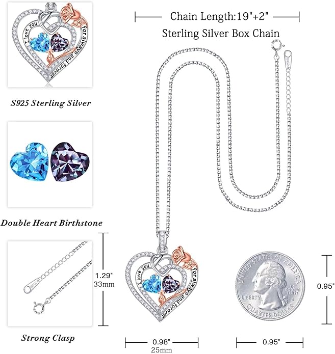 Iefil Valentines Day Gifts for Her - 925 Sterling Silver Double Birthstone Necklace, Anniversary Birthday Gifts for Women, Jewelry Gift for Wife Girlfriend Mom Her