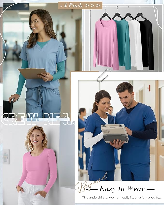 4 Pack Women's Underscrub Shirts Nurse Undershirts Long Sleeve Crewneck Slim Fit Tops Soft Stretchy Basic Tee