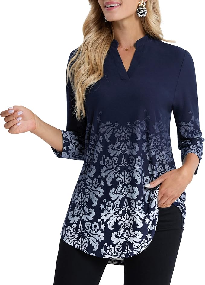 BAISHENGGT 3/4 Sleeve Tops for Women Notch V Neck Floral Work Blouses Dressy Casual Loose Fit Going Out Tunic Tops