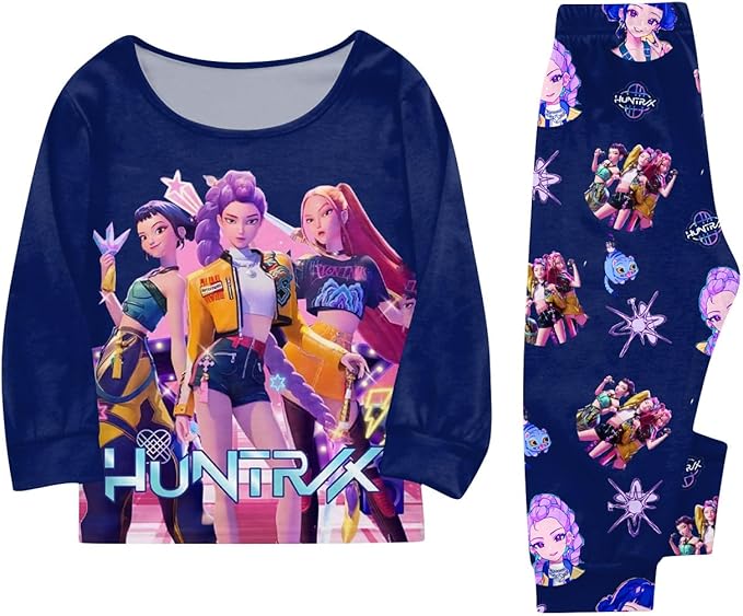 Girls 2 Piece K Pop Singer Outfits Cute Cartoon Graphic Shirts and Pants Casual Tracksuit Fashion Clothing Sets