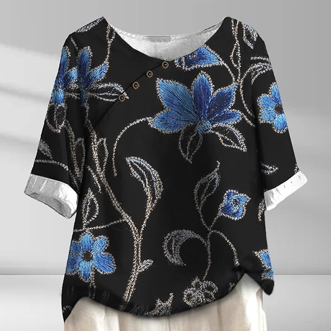 Women's Shirts Dressy Casual Asymmetric Side Button Down Design Tops Summer Loose Fit Crewneck Graphic Tees