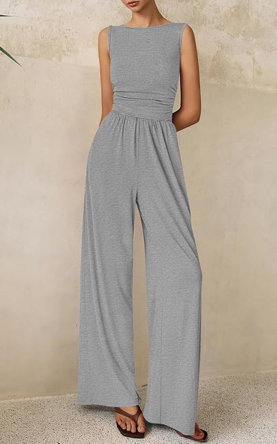 PRETTYGARDEN One Piece Jumpsuits for Women Dressy Casual Sleeveless Crewneck Wide Leg Rompers Jumpers Vacation Summer Outfits