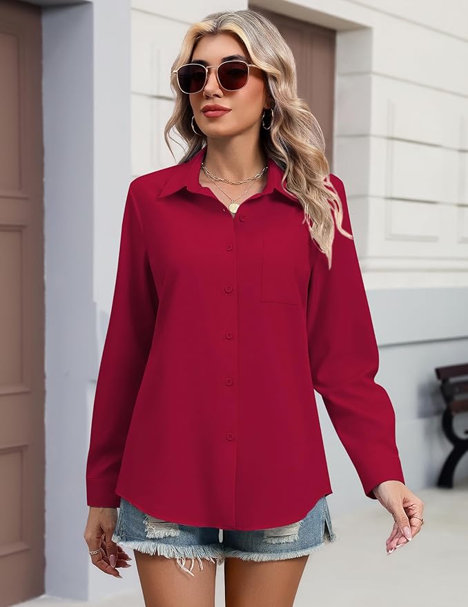 HOTOUCH Button Down Shirts for Women Long Sleeve Blouse Dressy Casual Business Work Tops with Pocket