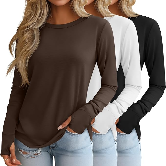 Huukeay 3 Pack Women's Long Sleeve Shirts with Thumb Holes, Cotton Casual Crew Neck Tunic Tops Fall Loose Y2k Trendy Outfits