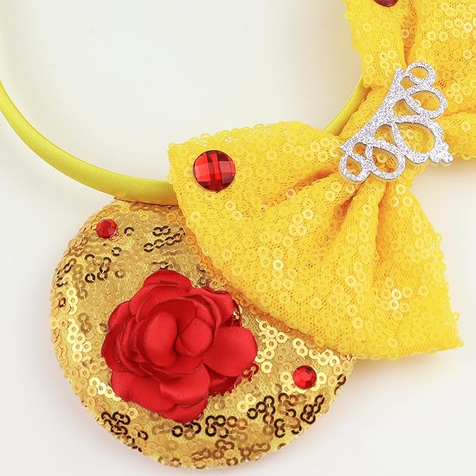 LIHELEI Mouse Ears Headband with Beauty Red Rose, Princess Belle Ears for Women Halloween Costume, Princess Party Headwear Hair Accessories for Women -3pcs Red Rose