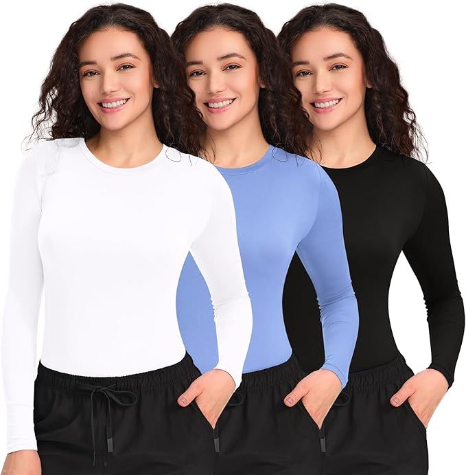 COZYFIT 3 Pack Scrub Undershirts Long Sleeve Women - Underscrub Comfort Tee