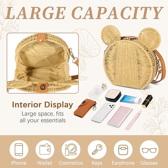 Round Rattan Straw Bag Purse for Women Handmade Cute Mouse Ear Wicker Woven Purse Crossbody Shoulder Bag Handbag