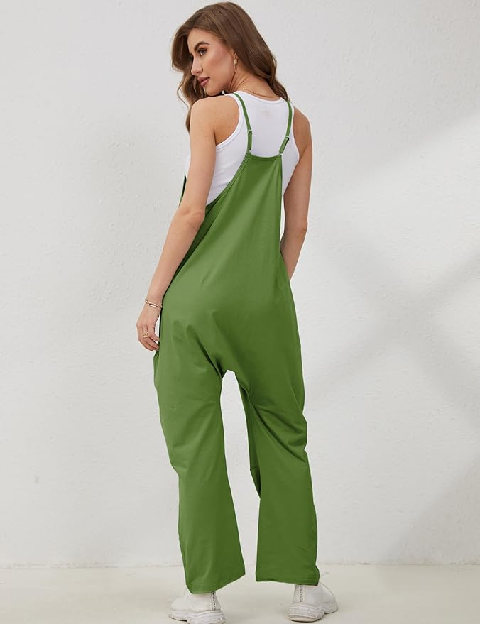 Lentta Women's Causal Jumpsuits V Neck Sleeveless Harem Overalls Stretchy Adjustable Strap Romper with Pockets