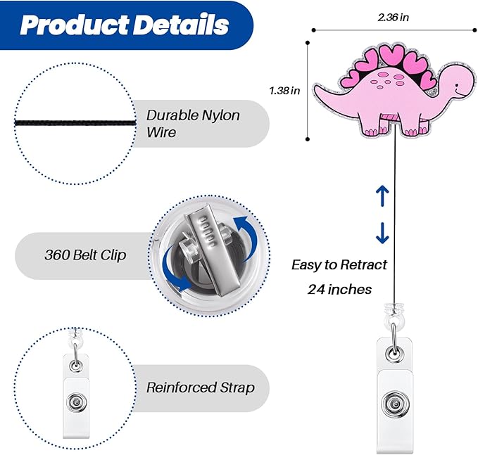 Pink Dinosaur Badge Reel, Cute Nursing Badge Reel, Retractable ID Badge Holder Clip, Nurse Badge Reels, Nursing Student Name Badge Holders, RN CNA MA Medical Worker Nurse Accessories
