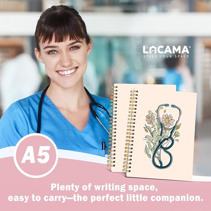 Lacama Nurse Notebook, Nurse Gifs for Women, Nurse Appreciation Gifts, Nurses Week Gifts, Nursing Student Graduation Gifts, 160 Pages, A5 Stethoscope Flower Spiral Notebook, Office School Supplies