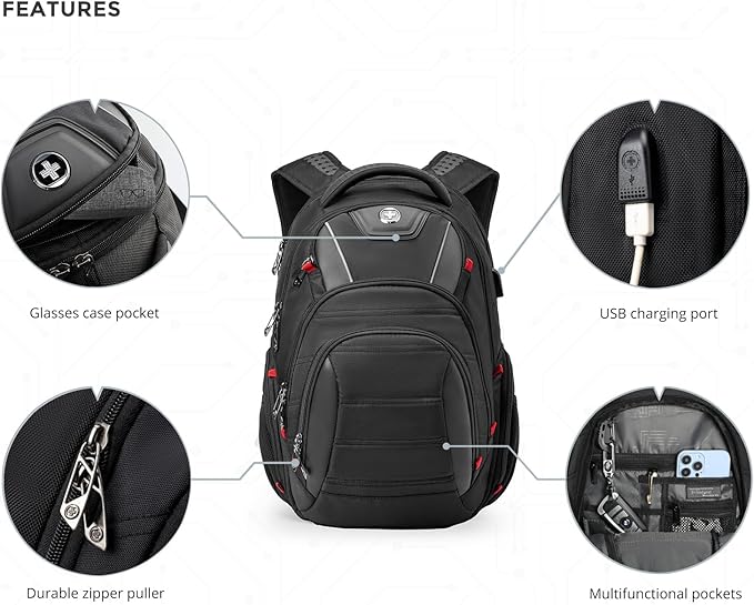 Swissdigital Design Men's Laptop Backpack for College and Business Travel with Integrated USB Charging Port and RFID Protection Fits Laptops up to 15.6 in, Black | J14-BR