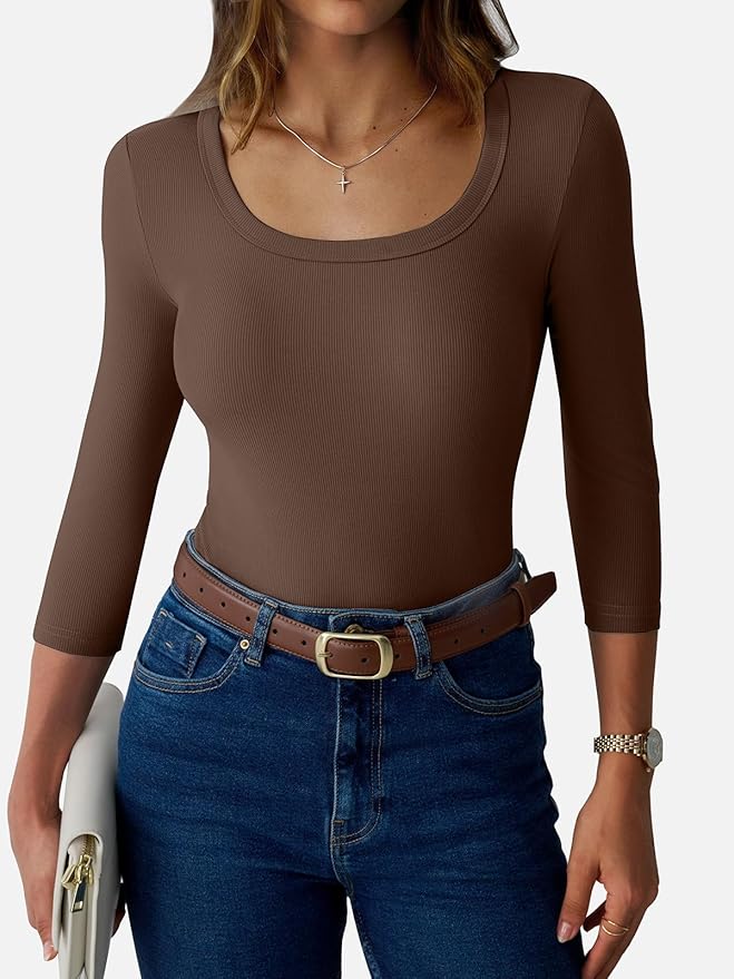 Womens 3/4 Sleeve Scoop Neck Top Ribbed Knit Slim Fitted Casual Basic Tee Shirts 2025 Fall Trendy Work T-Shirt Outfits
