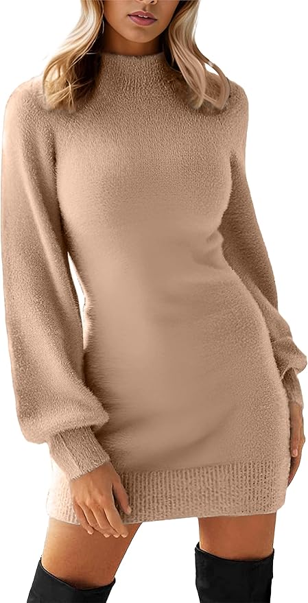 GRECERELLE 2026 Women's Mock Neck Ribbed Long Sleeve Bodycon Pullover Cute Mini Sweater Dress (XS-2XL)
