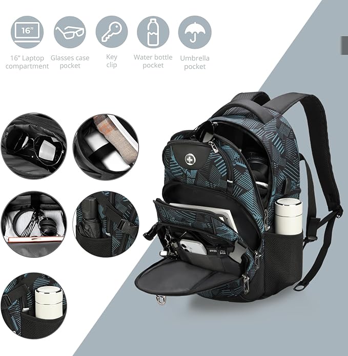 Swissdigital Laptop Backpack with USB Charging Port, Travel Backpack Fits 15.6 inches Computer, 31L Backpack for Men, Dark Green | SD803-96
