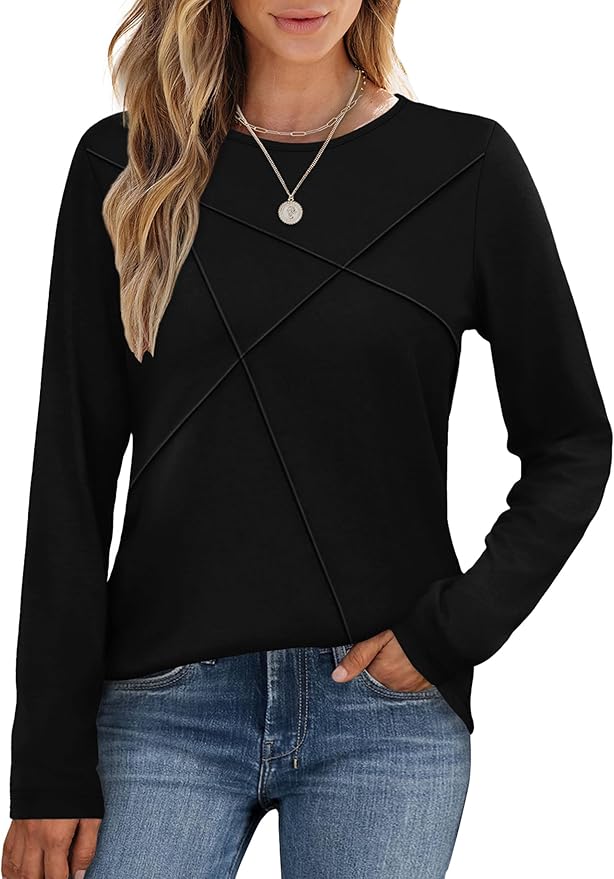 XIEERDUO Long Sleeve Shirts for Women Business Casual Tops Trendy Crewneck Fall T Shirts Pleated Loose Fit