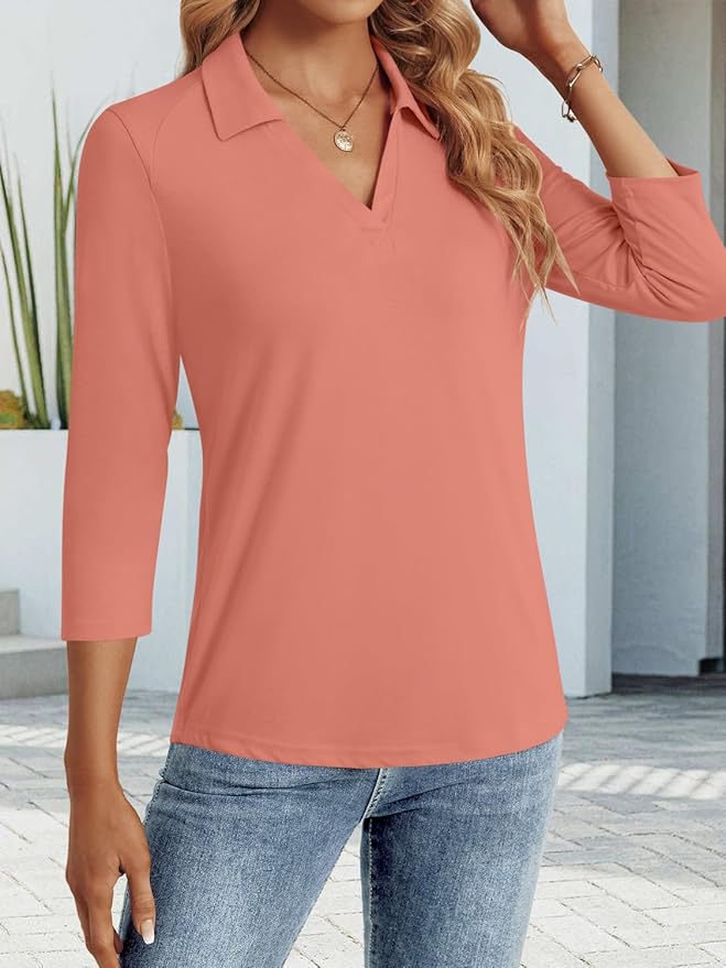 3/4 Length Sleeve Womens Tops Dressy Casual V Neck Polo Shirts Business Work Blouses 2025 Trendy Tunic Top