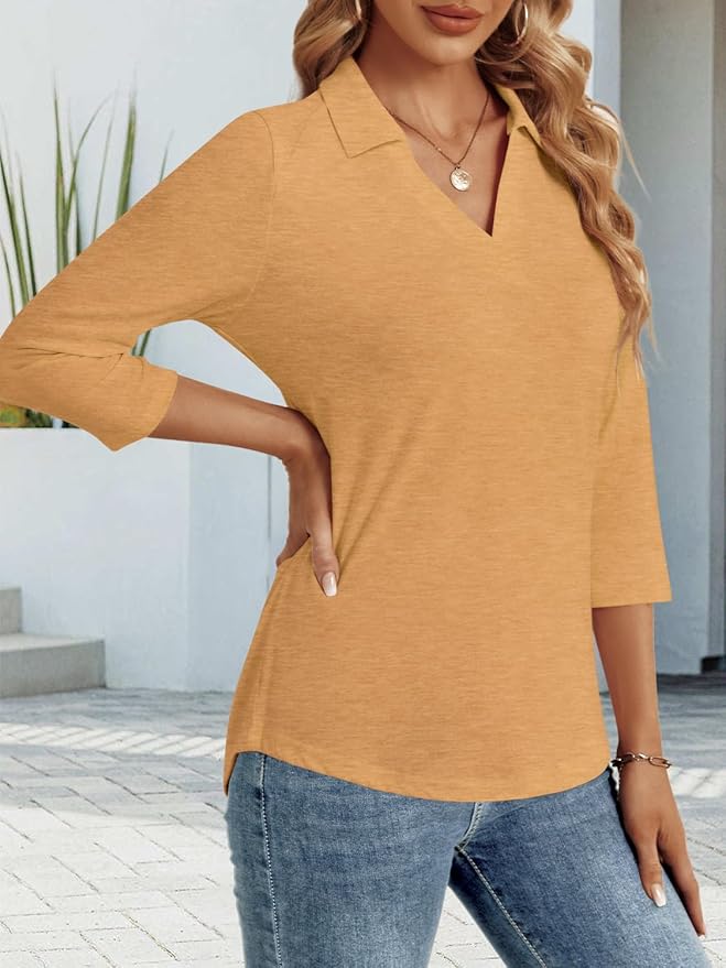 3/4 Length Sleeve Womens Tops Dressy Casual V Neck Polo Shirts Business Work Blouses 2025 Trendy Tunic Top