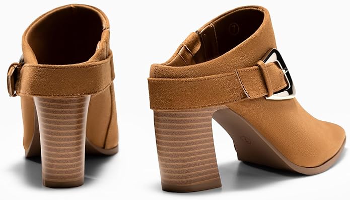 Coutgo Womens Mules Boots Chunky Stacked Heel Pointed Toe Booties Slip On Dress Boot Shoes with Buckle Decoration
