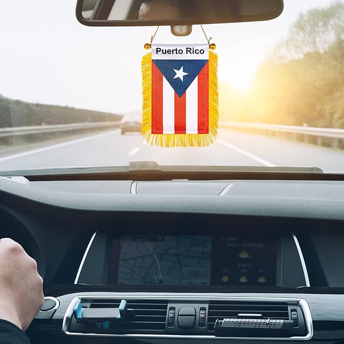 ZXvZYT 3 X 5 Inch Puerto Rico Window Hanging Flag Puerto Rican Small Mini Car Flags Banners Rearview Mirror Decoration - with Suction Cup & Golden Fringy Banner(2 Pack)