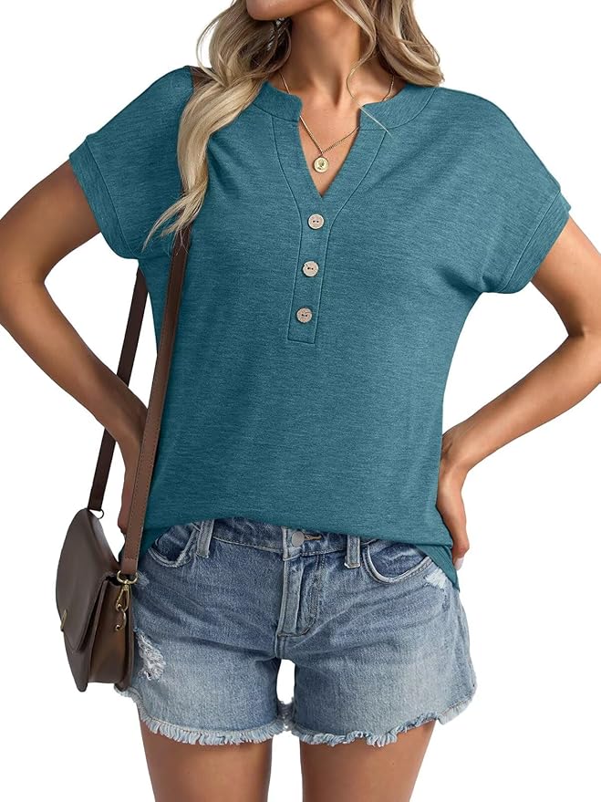 Womens V Neck Cap Sleeve Tops Summer Casual Short Sleeve Shirts Loose Fit Basic Work Tee Trendy Clothes 2025