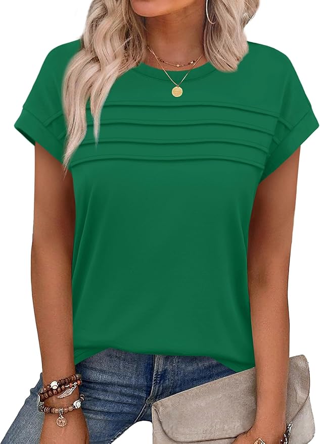 WEESO Womens Summer Tops Trendy 2026 Cap Sleeve T Shirts Crew Neck Pleated Front Beach Vacation Clothes Fashion