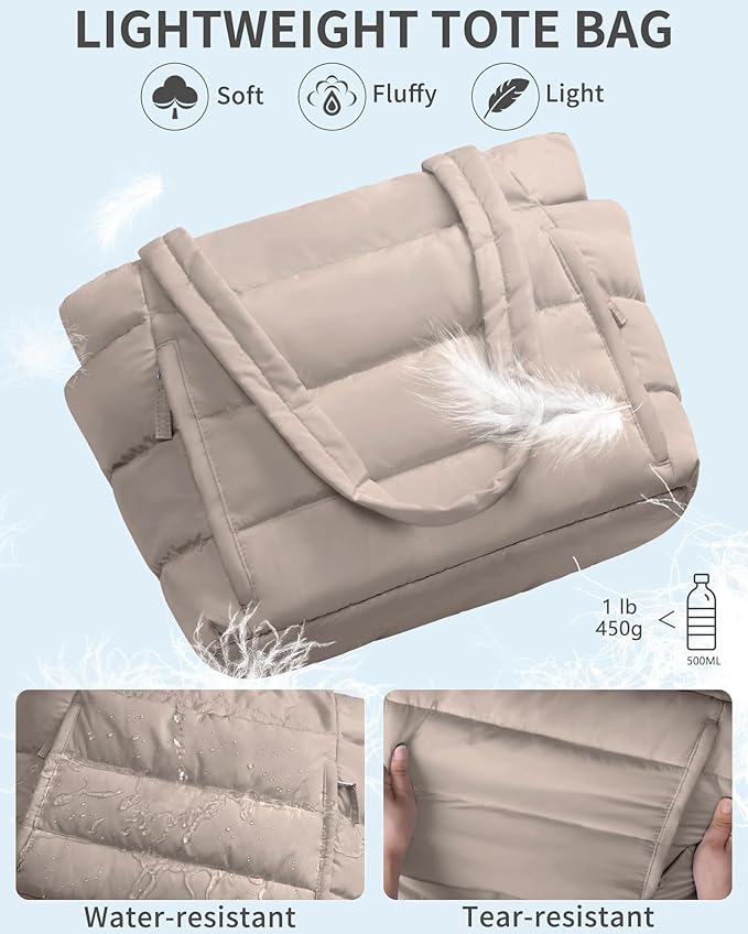 Puffer Tote Bag for Women, Lightweight Puffy Work Handbag Teacher Nurse Quilted Shoulder Bag for School Travel Gym | Quilted, with Zipper, Daily Carry On Bags, Comfy College Bags, 15.6" Laptop Sleeve, Cup Holder Pocket, Portable, Spacious