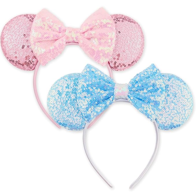 LIHELEI Mouse Ears Headband for Princess, Pink Headbands for Women Halloween Costume, Sequin Bows Headwear Hair Accessories -2 pack Blue+Pink
