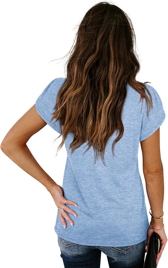 WIHOLL Womens Tops V Neck Summer Petal Sleeve Casual Tshirts