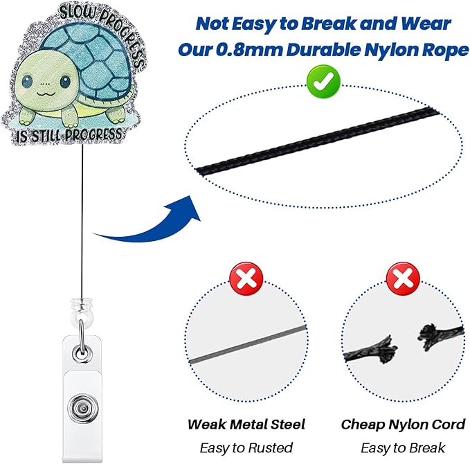 Slow Progress is Still Progress Funny Badge Reel, Cute Turtle Retractable ID Card Badge Holder, Name Tag Work Badge Clip for ICU RN LPN CNA MA Nursing Student Doctor Teacher Librarian, Nurse Gifts