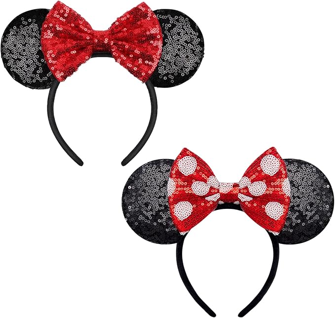 YUNISS 2 PCS Mouse Ears, Shiny Sequin Bow Mouse Ears Headbands for Adult Women Girls Christmas Birthday Party
