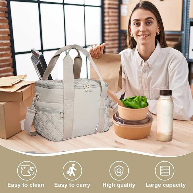 NOL Natural Organic Lifestyle Women's Nylon Lunch Cooler Cute Quilted Lunch Bag Large Leakproof Insulated Lunch Tote Bag for Work Picnic Travel,Khaki