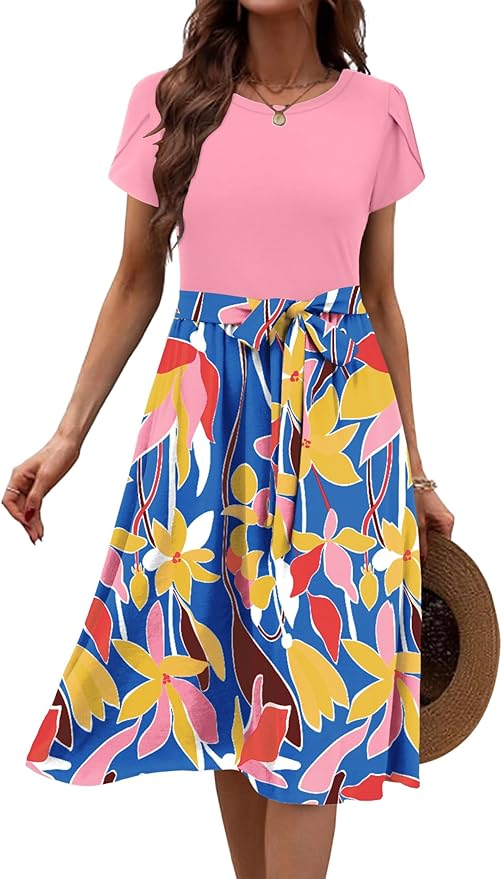 Zeagoo Womens Midi Dress Summer Short Sleeve Dress with Pockets 2025 Casual Floral T-Shirt Dress Flowy Beach Sundress
